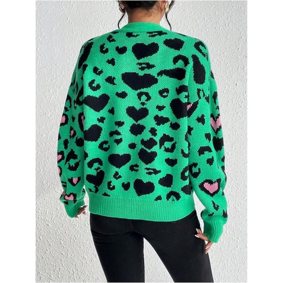 Leopard Women's Cardigan Sweater V Neck Long Sleeve Button Down Fall Wear - Picture 2 of 6